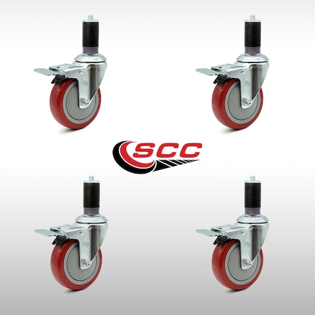 4 Inch SS Red Poly 1-1/2 Inch Expanding Stem Caster Set Total Lock Brake SCC